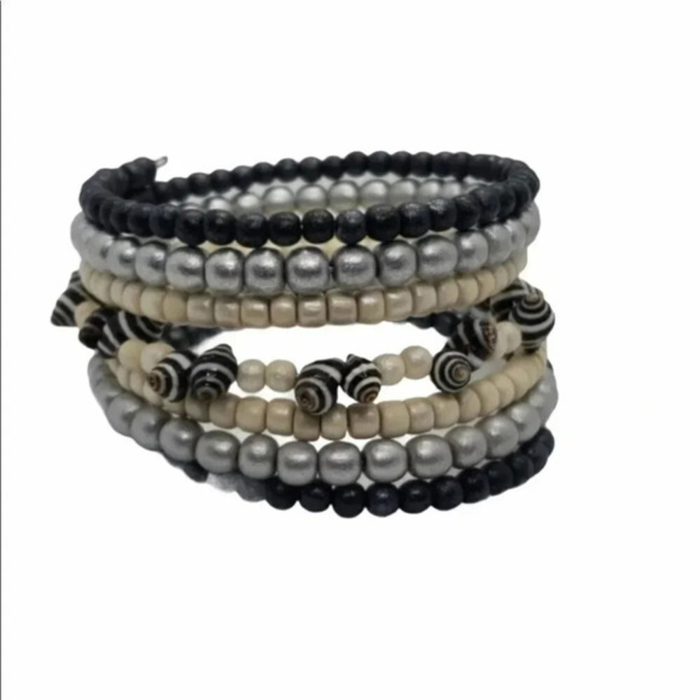 Boho Beaded Wrap Bracelet Stackable Black Silver Cream Zebra Accent